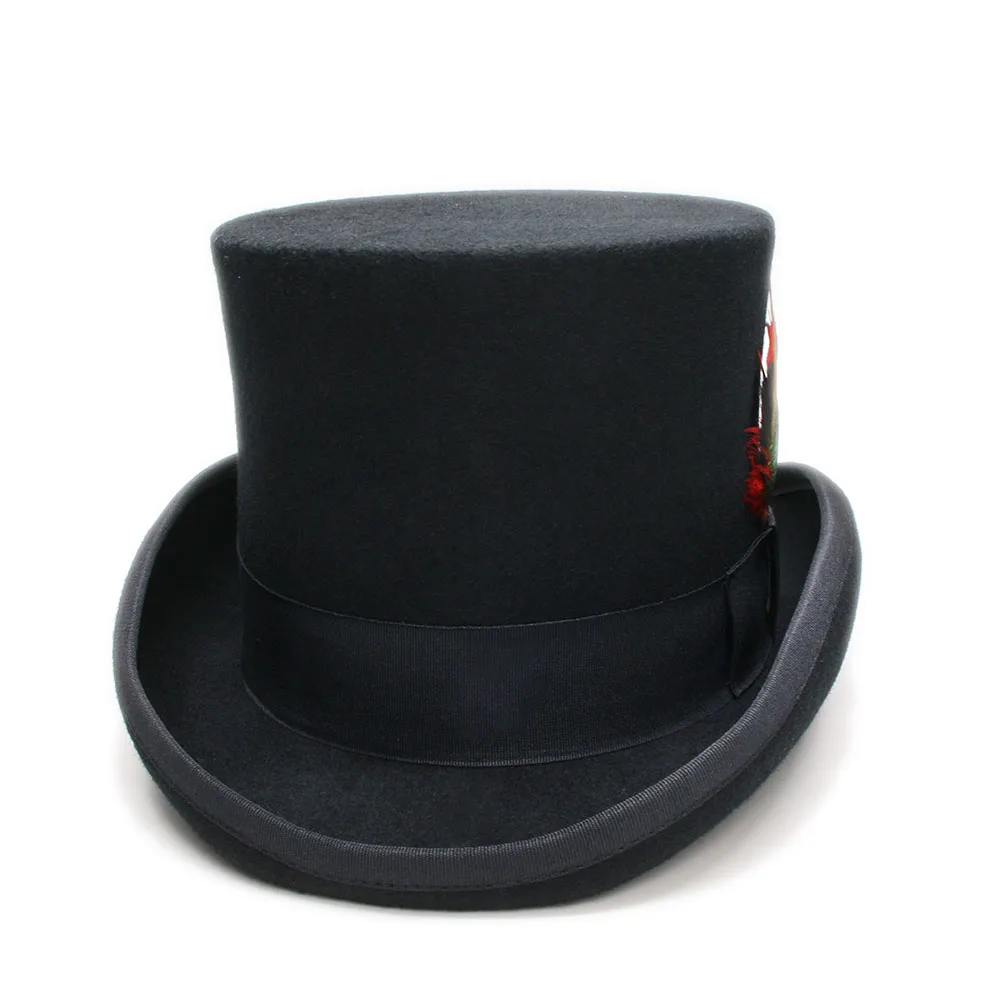 

LUCKYLIANJI Choose Size Real Feather President Lincoln Formal Wool Felt Classic Elegant Mad Hatter Lined Top Hat(Height:5.31in)