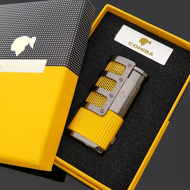 COHIBA Gridding Stripes style Turbo Зажигалка карманная Бутановая газовая ветрозащитная Тройная