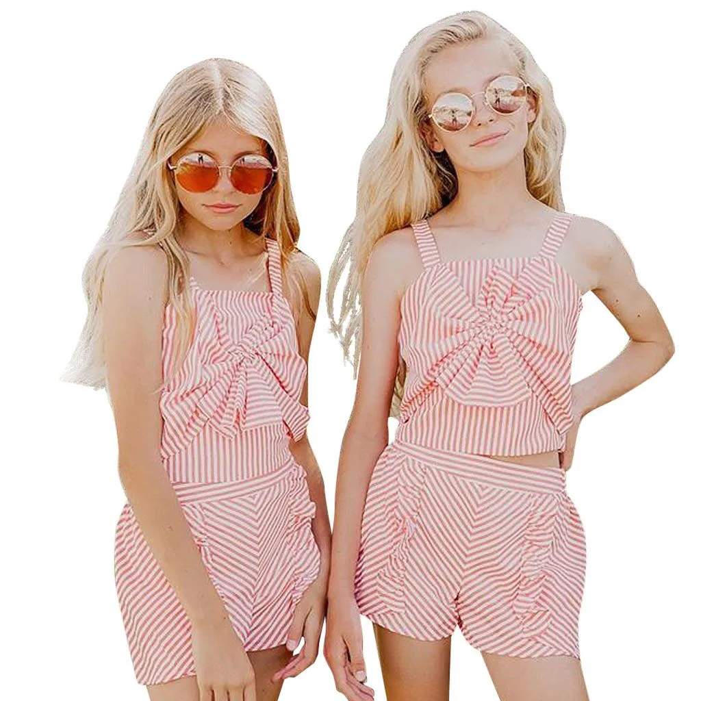 Infant Toddler Kids Baby Girls Clothes Striped Sling Crop Tops Shorts 2PC Outfits Sets 2Piece Suit 6 Months to 5 Years birthday