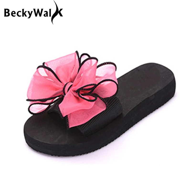 BeckyWalk/женская летняя пляжная обувь с милым бантом женские шлепанцы вьетнамки на