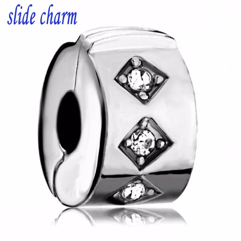 

slide charm Free shipping White crystal square positioning detent talisman charm beads fit Pandora bracelet