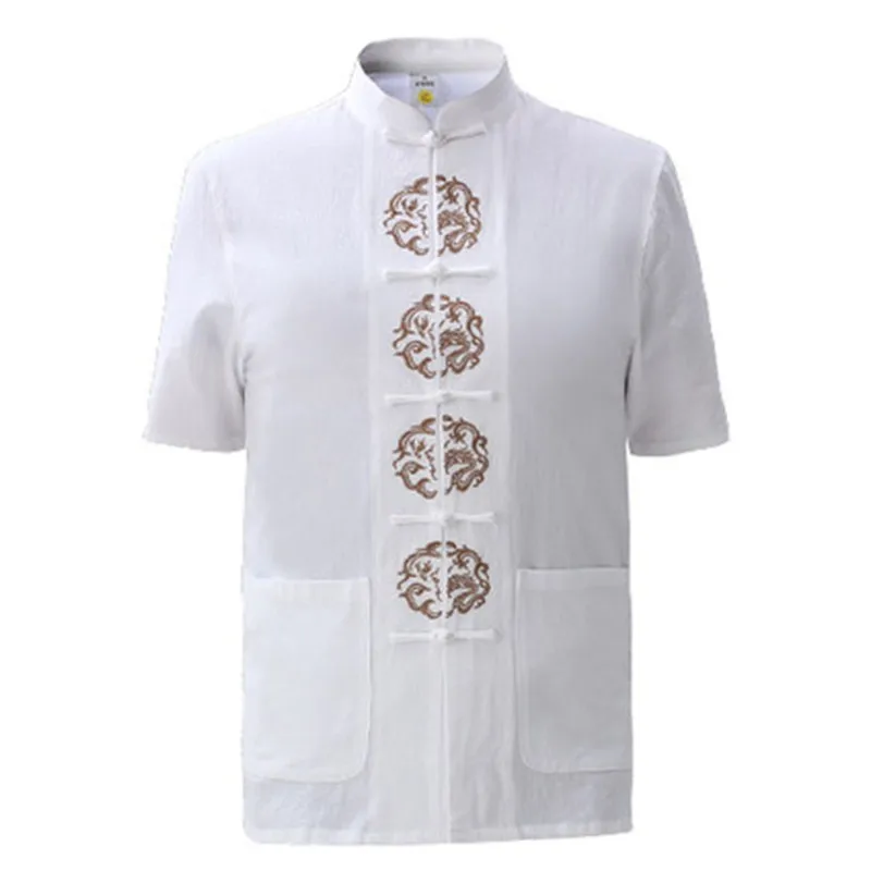 Summer Navy Blue Men's Cotton Embroidery Dragon Shirt tops Vintage Chinese Kung Fu Short Sleeve Tang Suit Size M - XXXL | Мужская