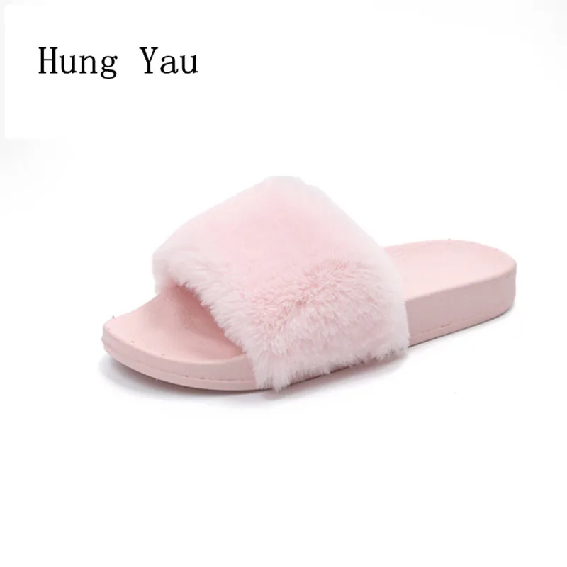 

Women Flips Flops 2018 Winter Warm Fur Shoes Woman Slippers Fashion Platform Female Slides Flat Slippers Comfortable