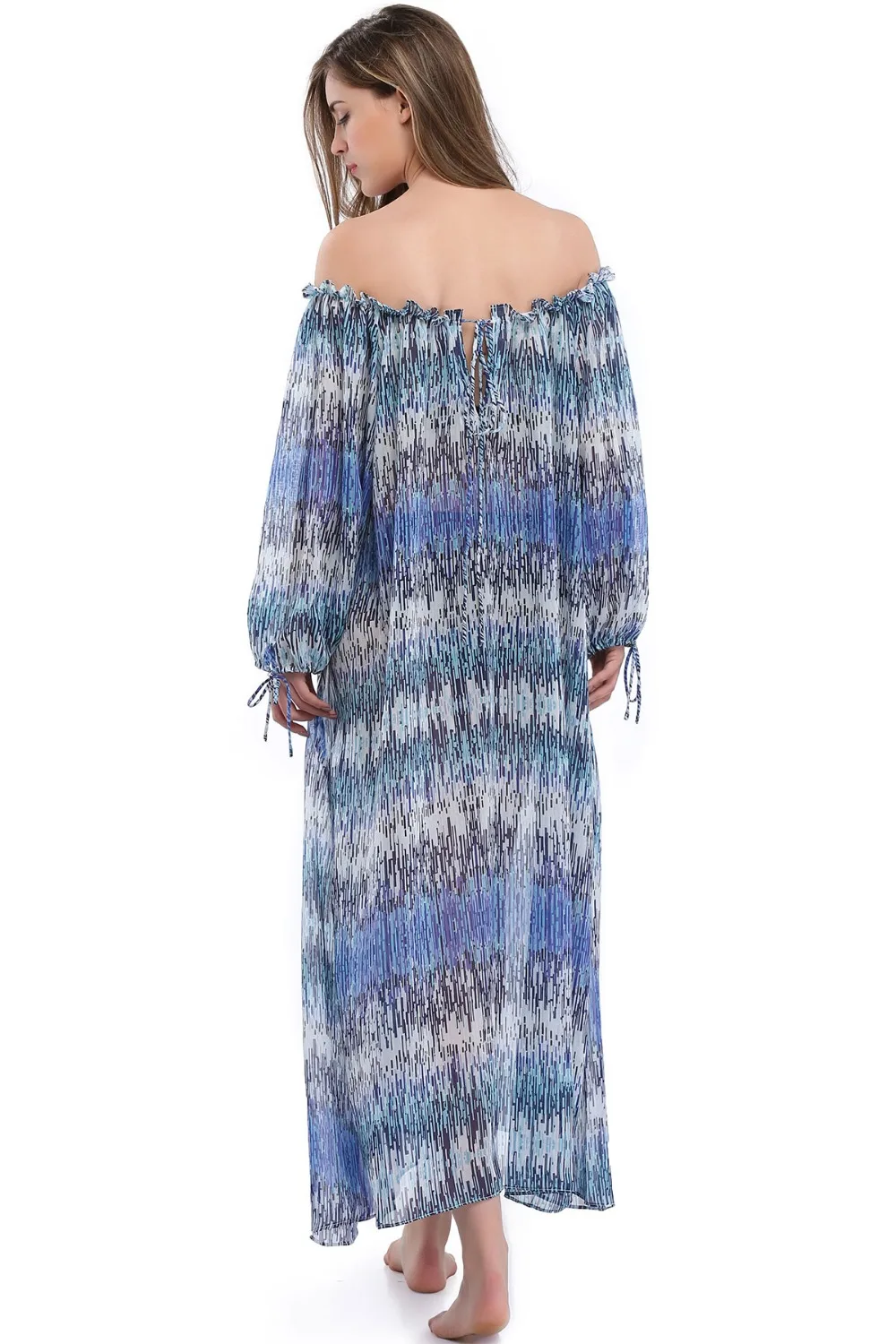 

Free Shipping Wearing Off-the-shoulder Elastic Curling Collar Band Long Sleeve Print Sun Dress Thin Translucent Beachwear 4F4660
