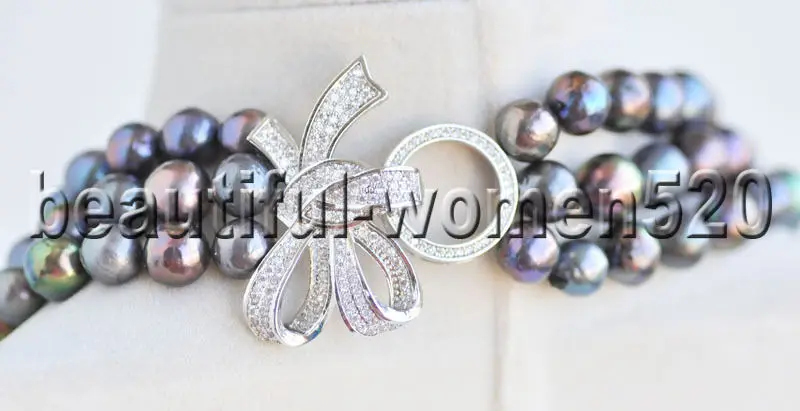 

Z8576 3Strands 12mm Natural Black Almost-Round Edison Keshi Pearl Necklace CZ