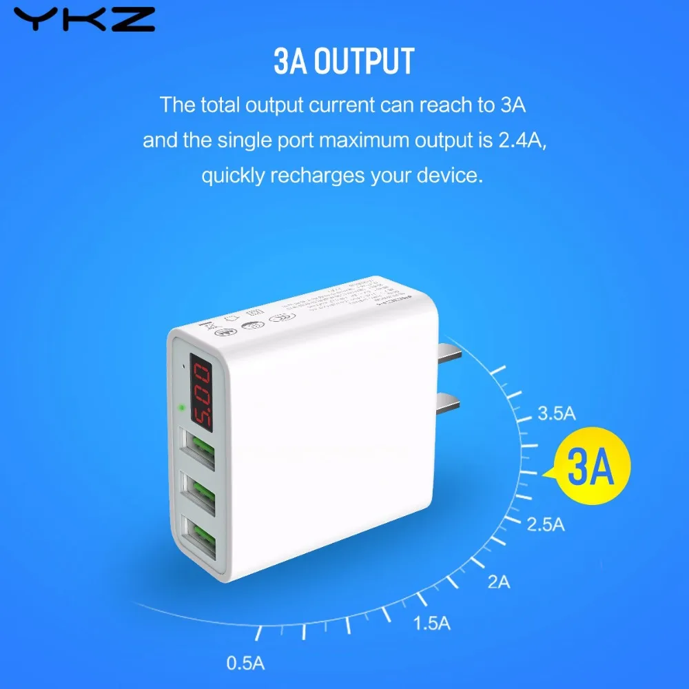 YKZ 3 USB порт зарядное устройство адаптер Светодиодный дисплей ЕС Plug Max 3.0A умная