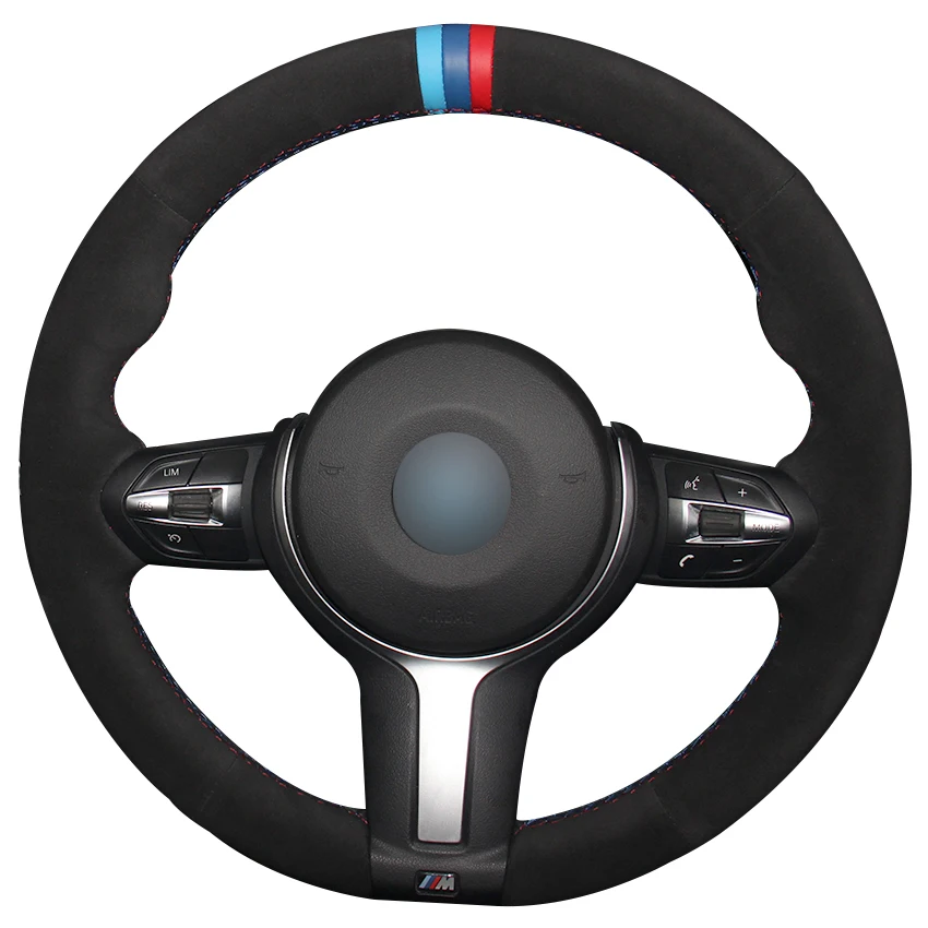 

Hand sewing custom Black Suede with Light Blue Blue Red Marker Steering Wheel Cover for BMW F87 M2 F80 M3 F82 M4 M5 F12