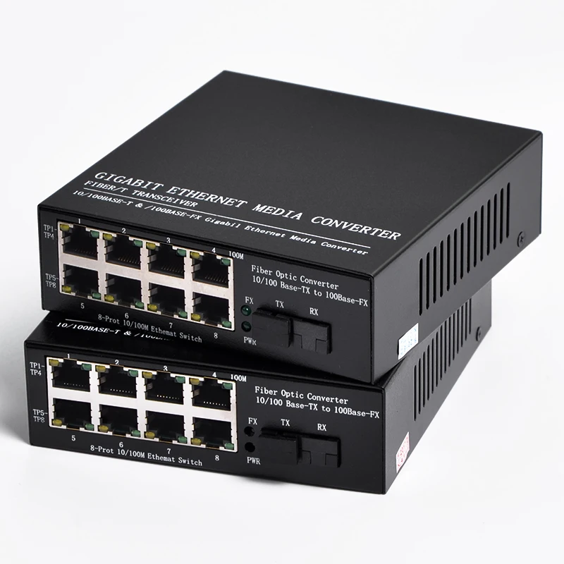 1 пара интерфейс SC и 8 портов RJ45 Ethernet Swltch преобразователь 10/100M одноволоконный