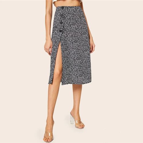 SHEIN, юбка с цветочным принтом и пуговицами, с разрезом по бокам, с высокой талией, для девушек, весна-лето, трапециевидная юбка миди, бохо, черная и белая, Женская юбка - Цвет: Black and White