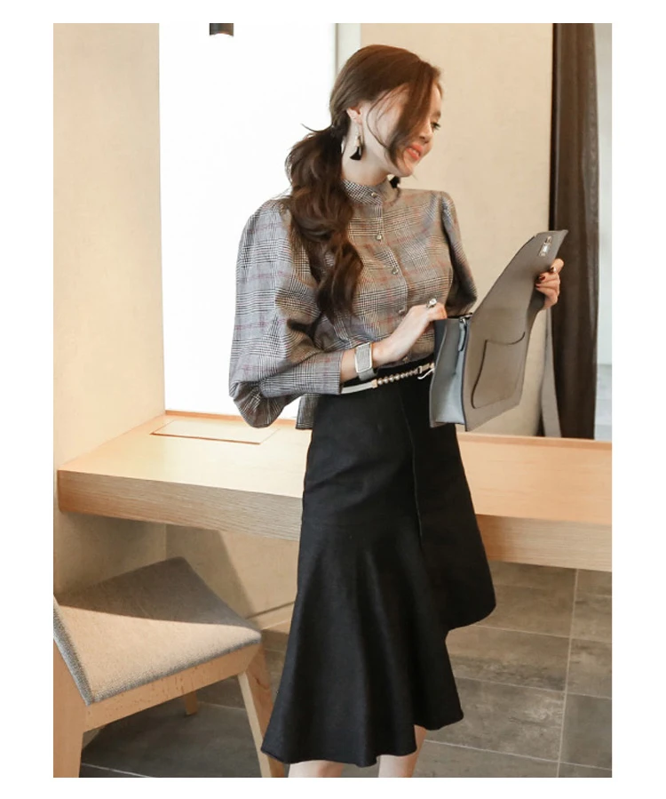 JSXDHK New Fashion Autumn Woemn Blouse Office Lady Plaid Long Lantern Sleeve Formal Back Bow Stand Collar Shirt Tops