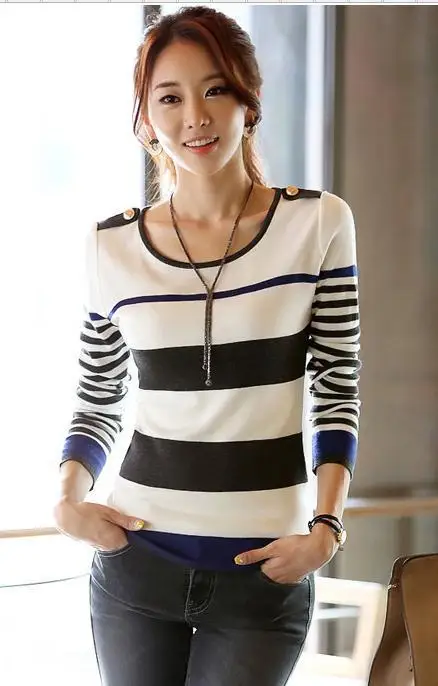 pullover Sweater Free shipping fashion sweater stitching Slim round neck long-sleeved striped shirt 8826 | Женская одежда