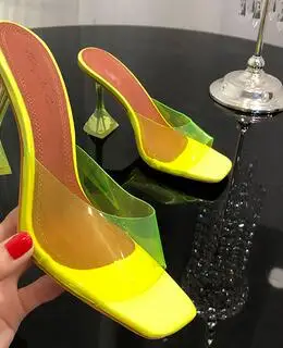 yellow 7cm Vienantin/Элегантные замшевые черные туфли без задника на высоком каблуке; пикантные вечерние туфли с открытым носком; женские туфли с квадратным носом и каблуком-чашкой - Цвет: yellow 7cm