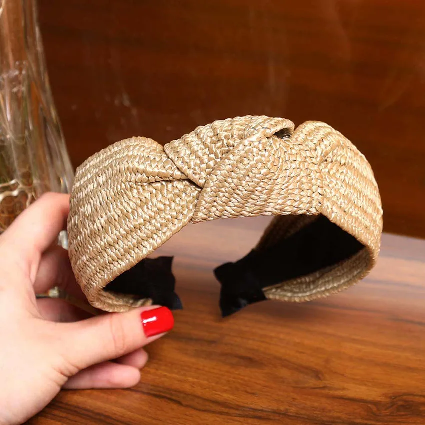 Khaki Knot LEVAO Новая женская лента для волос, соломенная плетеная повязка на голову, богемные широкие крестообразные резинки для волос с узлом, ободок, ободок ручной работы, аксессуары для волос - Цвет: Khaki Knot