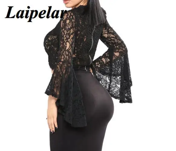 Laipelar Women Black Sexy See Through Blouse Ladies Chic Flare Sleeve Lace Casual Crop Top Floral Print Zipper Blouses Shirt