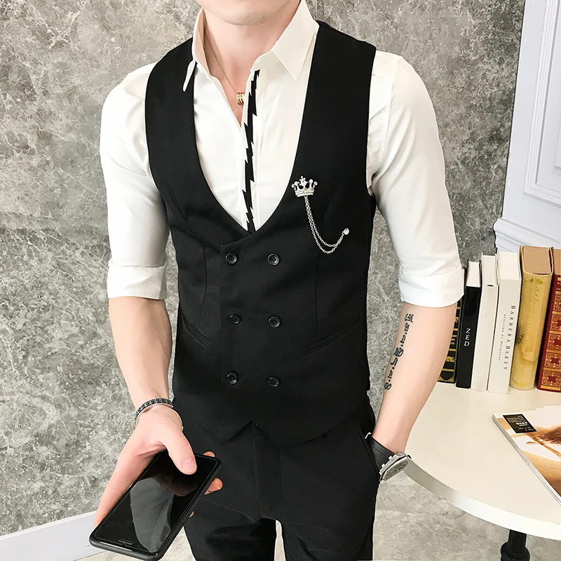 Повседневное черный костюм платья без рукавов для мужские куртки Hombre двубортное