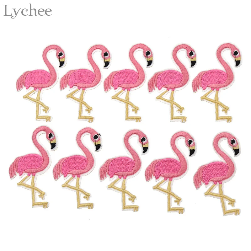 Lychee 10pcs Pink Flamingo Bird Animal Embroidered Patch Iron On Patches Applique Sewing Fabric Stickers Accessories | Дом и сад