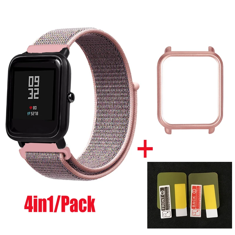 4в1 нейлоновый ремешок для Amazfit ремешок Bip Xiaomi Huami Amazfit Bip браслет ремешок для часов нейлоновая петля наручный ремешок чехол Защитная пленка