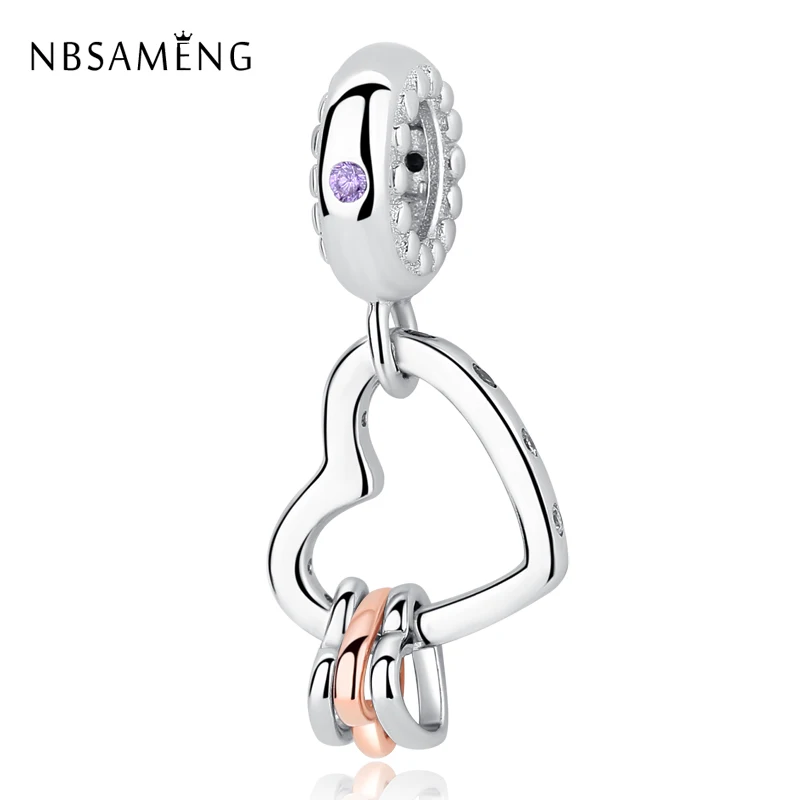 NBSAMENG 100% 925 Sterling Silver Bead Heart Highlights Dangle Charm Lilac Crystal Beads Fit Bracelets Women DIY Jewelry | Украшения и