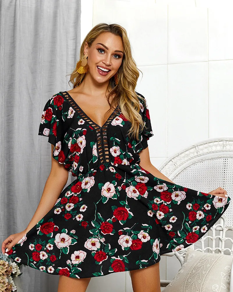 Summer Dress Women Deep V Neck Sexy Female Backless Short Sleeve Print Bohemia High Waist Mini Vestidos | Женская одежда