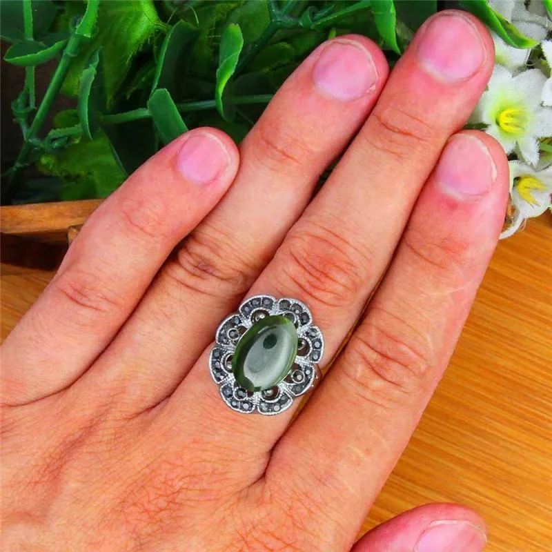 Oval Green Crystal Rings For Women Vintage Look Antique Silver Plated Rhinestone Plum Flower Fashion Jewelry TR696 | Украшения и