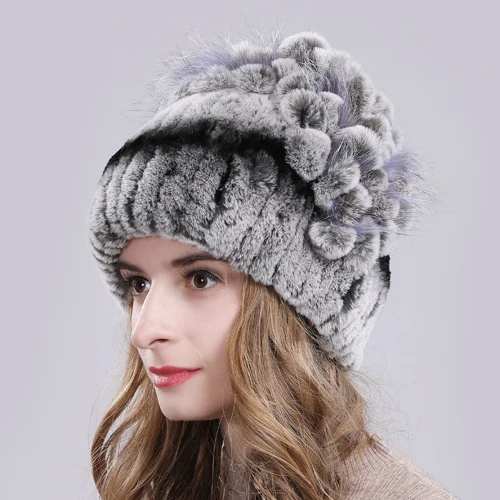 Новые русские Женские Настоящий мех кролика Skullies шапки Роскошные вязаные цветы натуральная шапка из меха кролика рекс зимние натуральный мех шапочки - Цвет: color 17