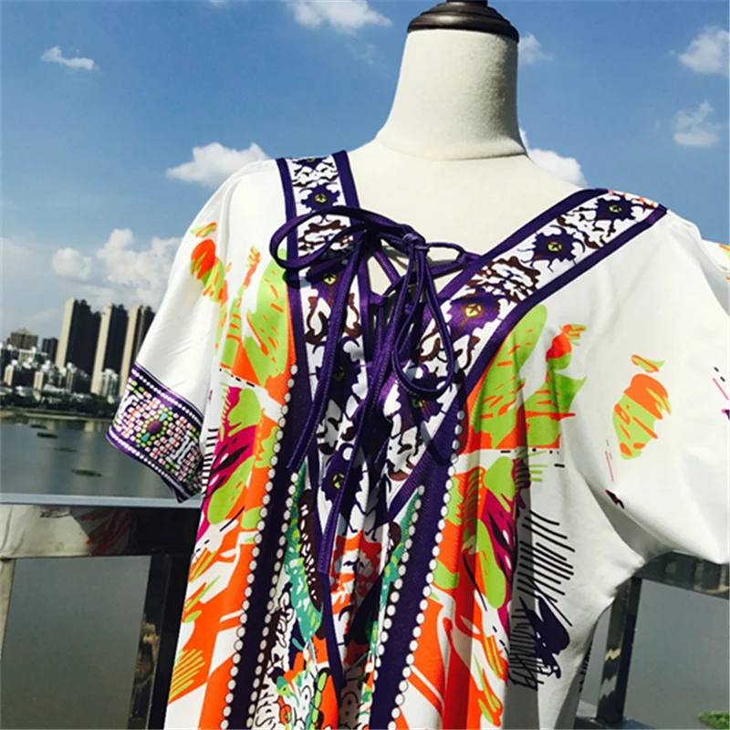 Brand Fashion Printed Kaftan Dress Back Hollow Open Fork Sexy Tied Rope Party Dresses Soft Womens Clothing #D102 | Женская одежда