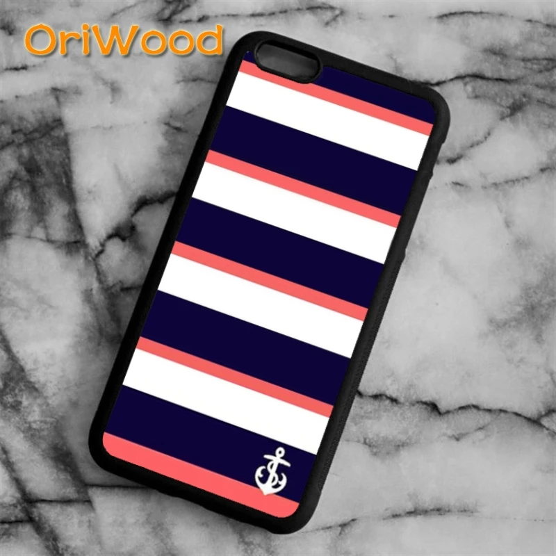Чехол OriWood в темно синюю и коралловую полоску с якорем для iPhone 5 6 s 7 8 plus X XR XS 11 12 pro max