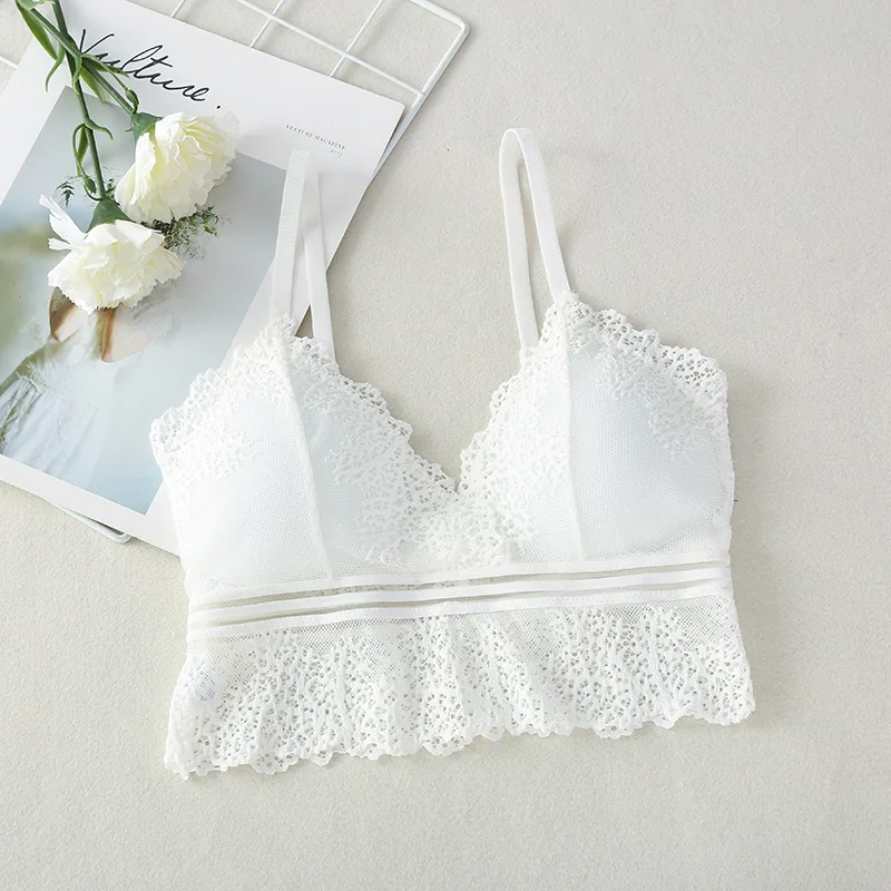 Кружевной бюстгальтер без косточек женский укороченный топ нижнее белье с V