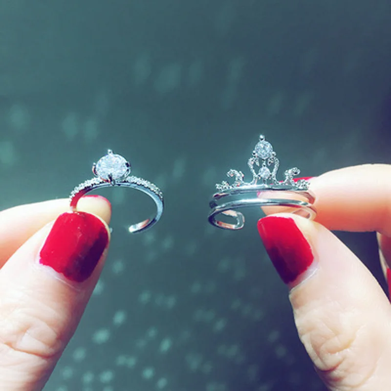 Fashion popular crown two-in-one ring female fashion zircon opening adjustable simple wild s925 sterling silver | Украшения и
