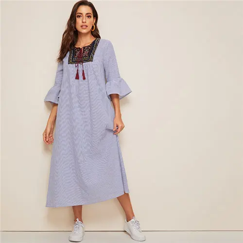 Синий SHEIN летнее платье в полоску с бахромой и рукавами-воланами, Boho, с заниженной талией, свободное женское платье, с круглым вырезом, с вышивкой, макси платья - Цвет: Синий