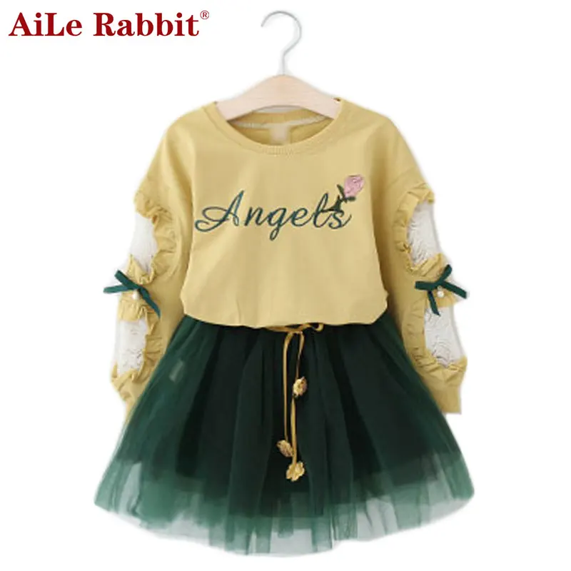 

AiLe Rabbit New Girls Clothing Suit Long Sleeve T Shirt Yarn Skirt 2 Pcs Set Letter Flower Lace Bow Kids Autumn Suit k1