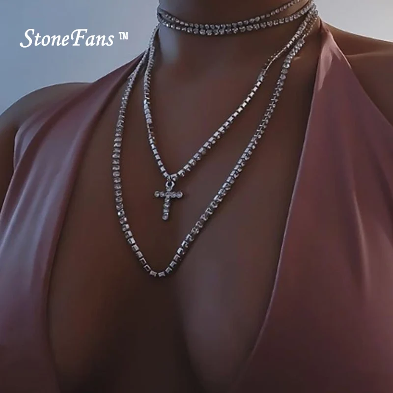 StoneFans, многослойное длинное ожерелье-чокер, стразы, для женщин, роскошный крест, кристалл, чокер, цепочка, ожерелье, ювелирное изделие, подарки