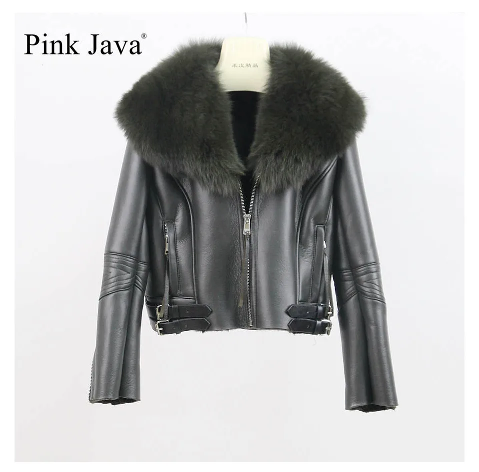 Розовая java QC8088, новинка,, Женская куртка из натурального меха Мериносовой овцы, большая куртка с воротником из натурального Лисьего меха, пальто из искусственной кожи
