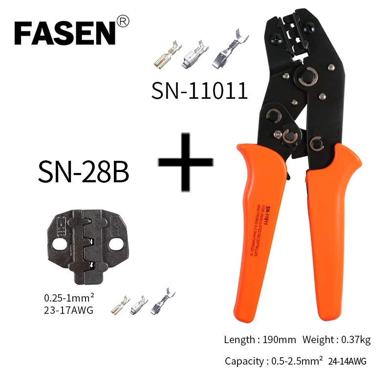 

SN-11011+28b crimping pliers 0.25-2.5mm2 24-14AWG XH2.54/PH2.0/2510 SM plug tab terminals Self Adjustable Crimping Hand Pliers
