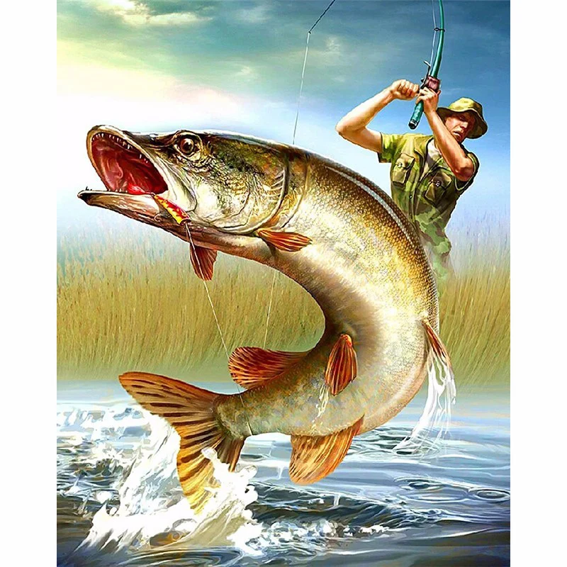 5D DIY Round Diamond Embroidery Painting Cross Stitch Fish Hunting For Shrimp Home Decoration 3d Kit For Needlework KBL