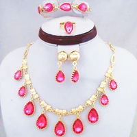 gold color pink water drop pendent jewelry set