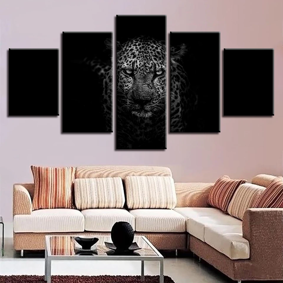 Home Decor Гостиная стены Книги по искусству HD с 5 шт. черный фон животных Leopard Картины
