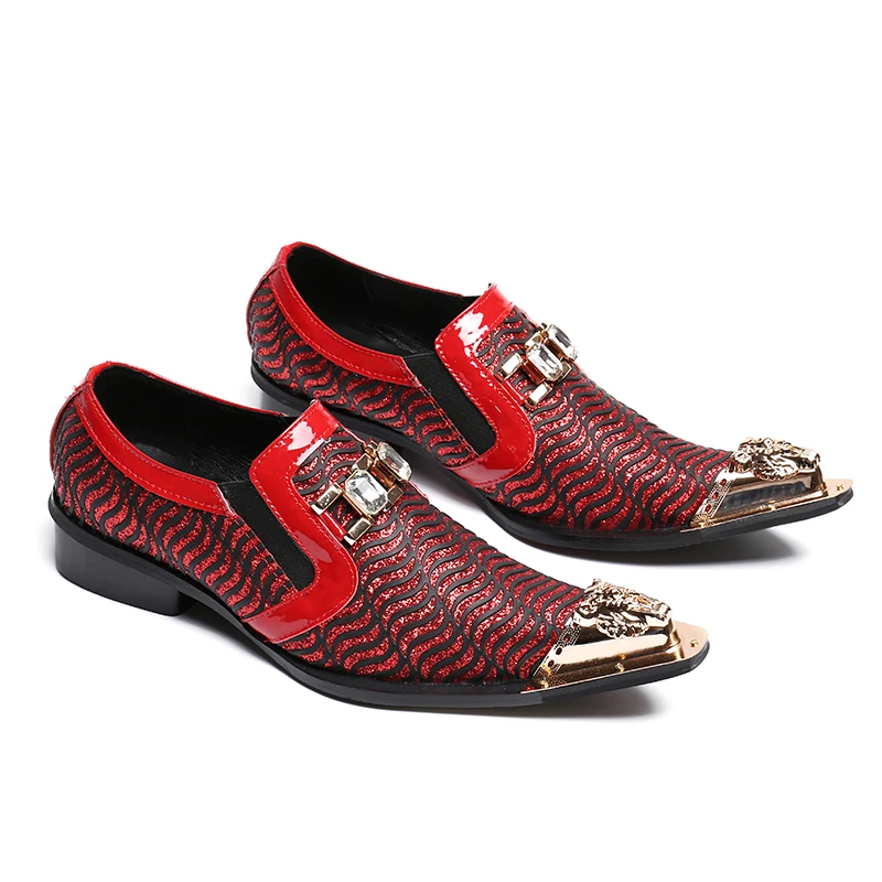 

Red Men shoes Metal Pointed Toe 2018 Spring Wedding Shoes Crystal Rhinestone Party Banquet Shoes Male Footwear Loafers Homme