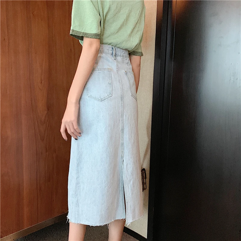 2019 женская синяя джинсовая юбка с высокой талией разрезом для женщин летние