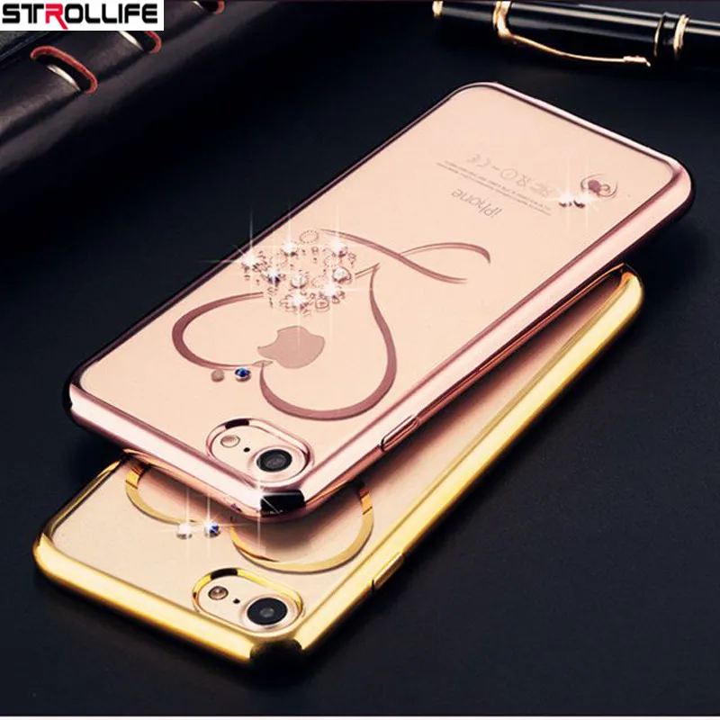 Love Heart Rose Gold Plating Glitter Diamond Phone Cases For iphone 7 7Plus 6 6s Ultrathin Soft TPU Silicone Crystal Clear Cover |