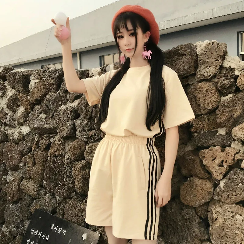 Полосатый сплошной Цвет спортивный костюм Для женщин 2018 Harajuku футболка с