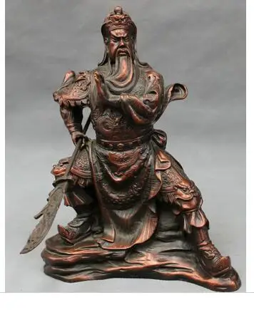 10 &quotНародная китайская чистая бронза Голова Дракона воин сидя GuanGong GuanYu статуя