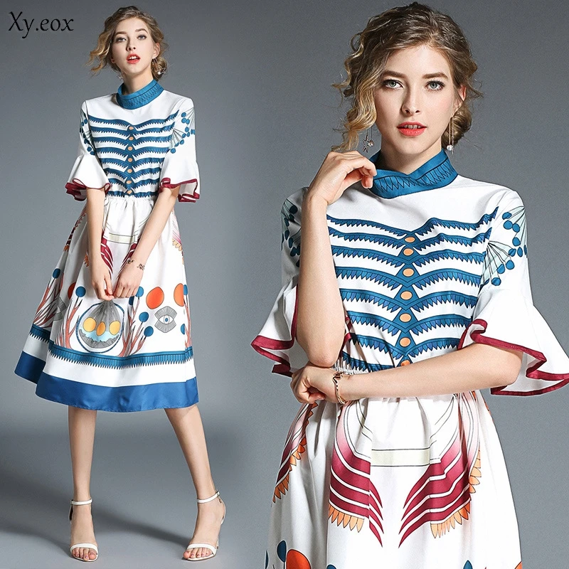 Retro Flower Print Midi Summer Dress Vestidos Playa Verano 2018 Women Party Kawaii Casuales De Mujer | Женская одежда