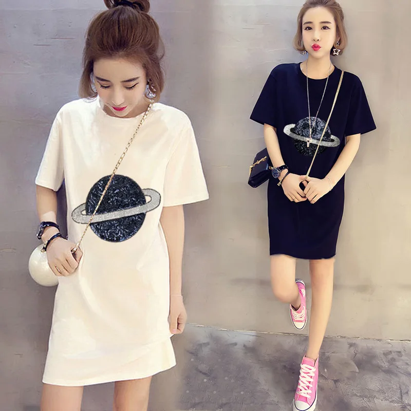 Summer Planet Sequined Embroidered T-shirts Large Size Women's Long Beading Shirts Dress Casual Tees O-Neck Loose Tops | Женская
