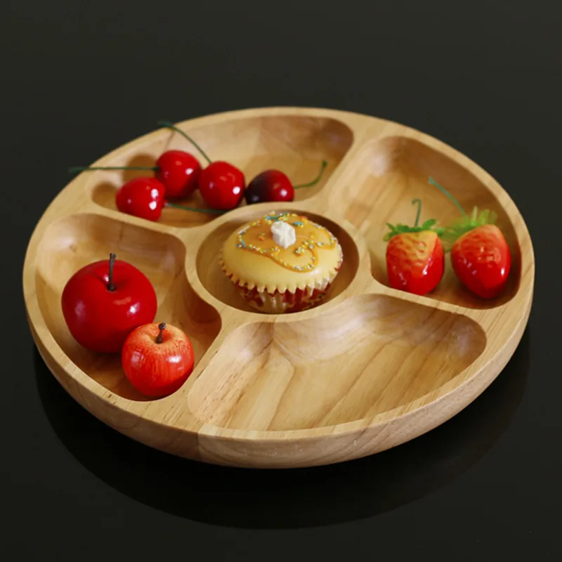 

Rubber Wood Five Lattice Wood Serving Tray Sushi/Cake Plate Tableware Snack Plate Household Necessary Fruit Snack Tray Eco