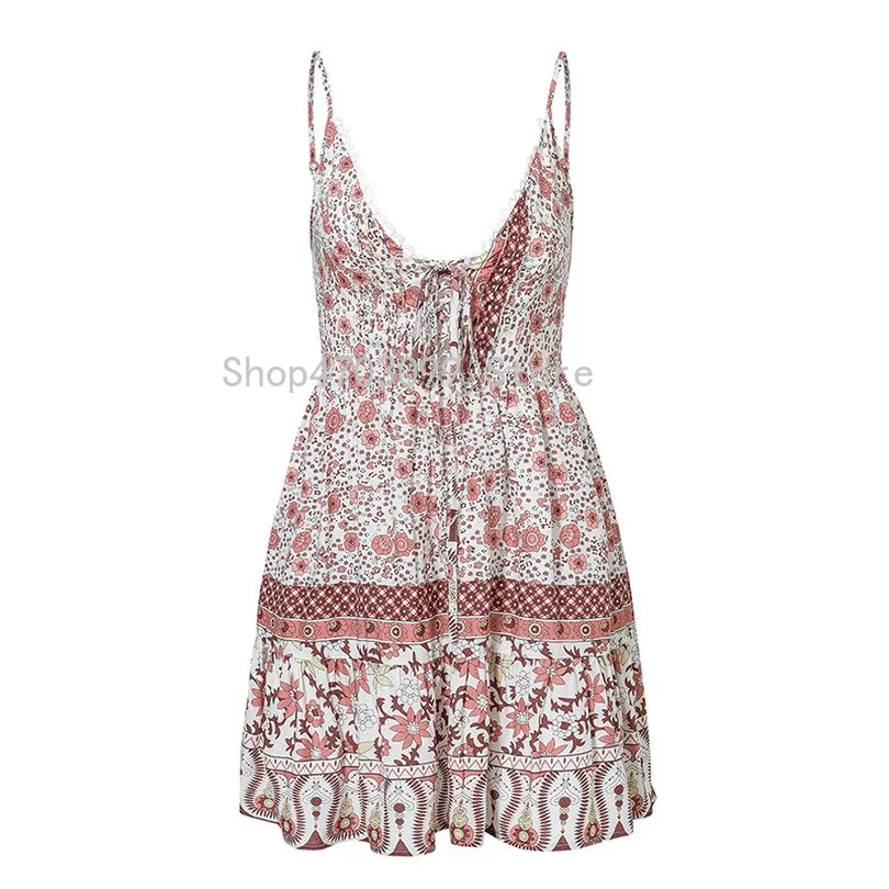 Simplee Boho v шеи печати Женщины Мини платья лето Спагетти ремень на шнуровке