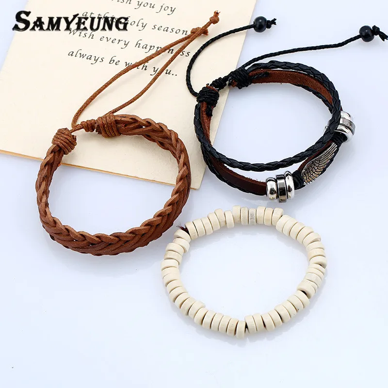 SamYeung 3 шт винтажный кожаный браслет с крыльями ангела мужской дружбы Homme Braslet Cow