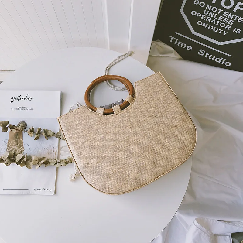 Летние пляжные сумки с деревянными ручками соломенные на плечо для женщин 2019