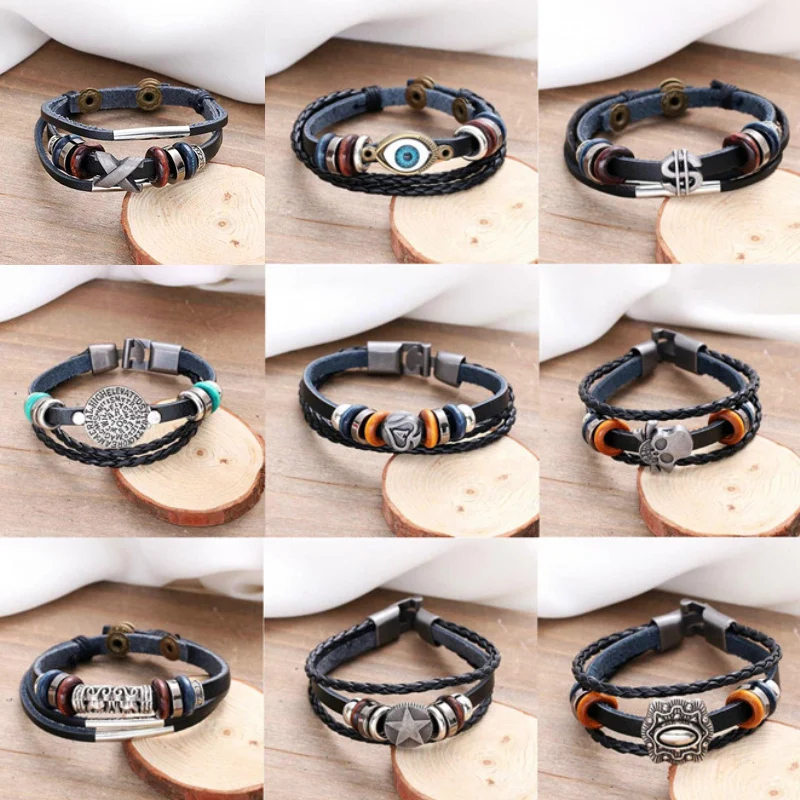 

Hot Vintage Men's Leather Bracelet Skull Star Eye Multilayer Charm Bracelet Fashion Braided Rope Leather Bracelets & Bangles