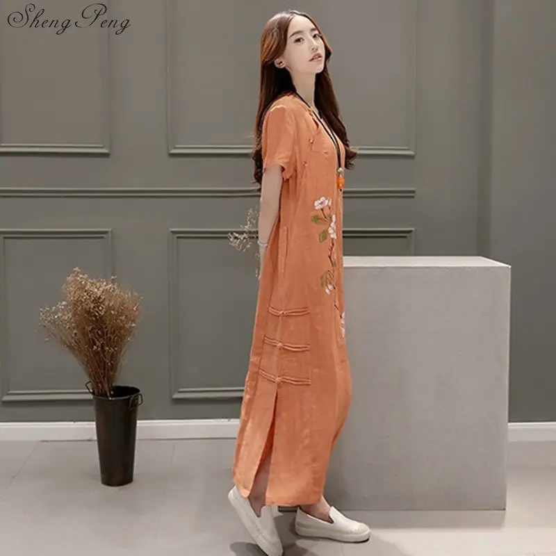 2018 Новый льняное платье аозай старинные этнические aodai полный рукав qipao для
